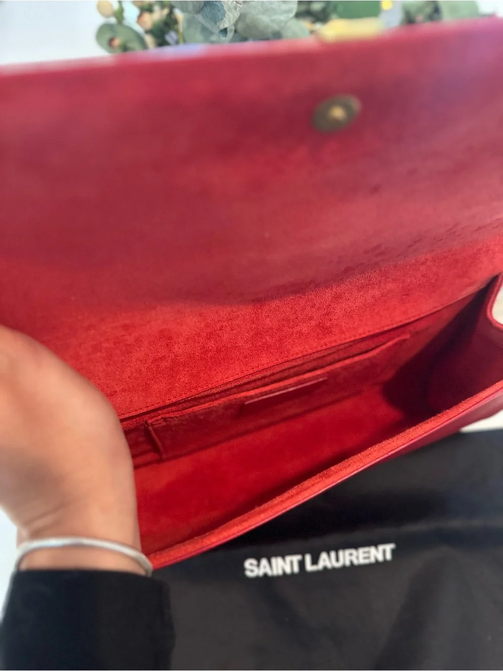 AUTHENTIC Saint Laurent Calfskin Red Leather Y-Closure Clutch with Gold Hardware